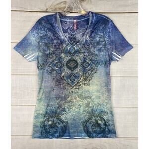 Kiara Top Womens S Blue Green Psychedelic Short Sleeve T Studded V Neck NWT